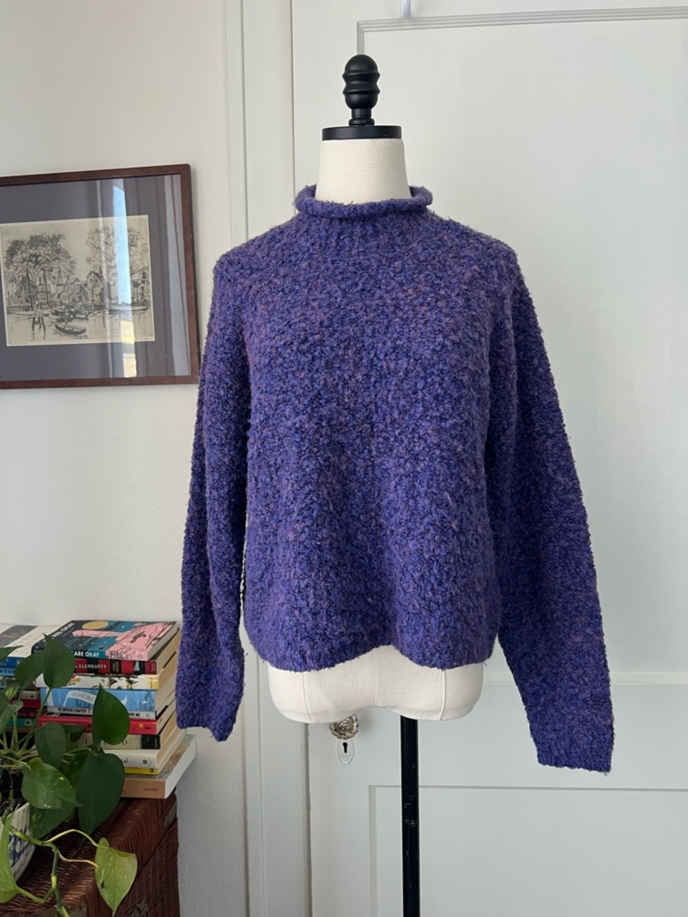 Vintage Yarnworks Purple Wool-Blend Boucle Roll-neck Sweater